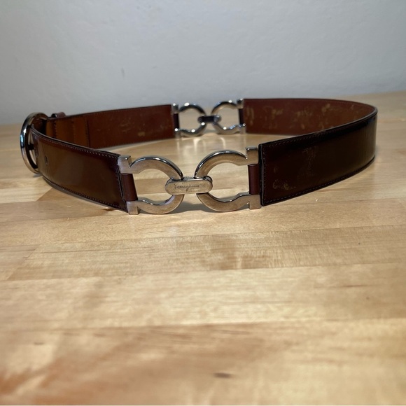 Vintage Salvatore Ferragamo Double Gancini Leather Belt Brown Silver Buckle main image 8